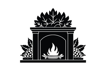 Thanksgiving vector art of a decorative fireplace with a warm fire and autumn foliage