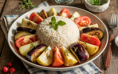 National dishes of Bahrain - Fee ghaatah - white rice cooked on a bed of tomatoes, potatoes and eggplant
