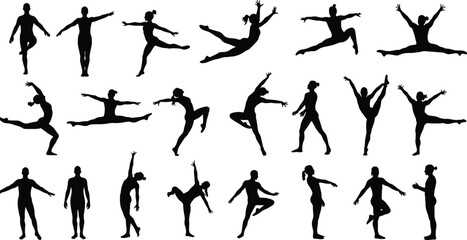 Silhouette of dancers in motion, dynamic human poses, expressive movement art, ballet and contemporary dance, vector illustration, performing arts, isolated black figures collection