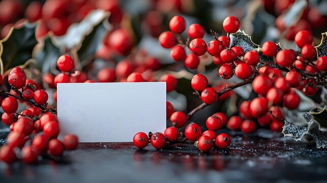 Blank white card with vibrant red mistletoe berries