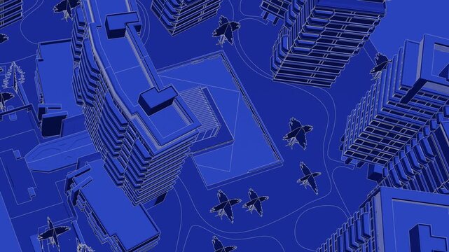 Animation of a Generic Apartment Complex, Seamless Looped Animation, linework, 3d blueprint