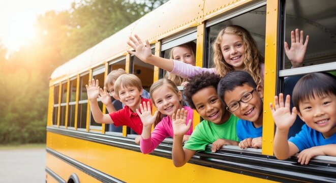 Happy, diverse elementary school children smiling and waving from a yellow school bus.