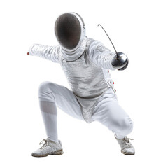 Fencer in white protective gear, poised for attack