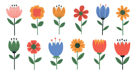 A charming collection of hand drawn illustrated flowers in a variety of vivid colors and whimsical styles perfect for spring decorations and designs