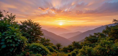 A breathtaking sunset paints the layered mountains in warm hues, viewed from a lush, verdant hillside.  Golden rays illuminate the landscape, creating a tranquil and serene atmosphere.