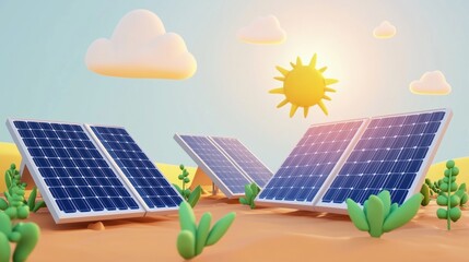Cartoon solar panels in a desert landscape