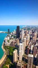 City skyline view with skyscrapers and shoreline