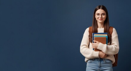 A cheerful young student with glasses and a backpack holds books, smiling against a dark blue background.