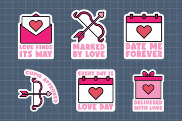 Cute Love Romantic Quote Sticker Set. Cupid Arrows, Love Gifts and Sweet Calendar Quotes