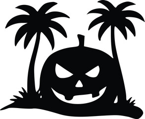 Silhouette of spooky jack-o-lantern flanked by two palm trees for halloween theme