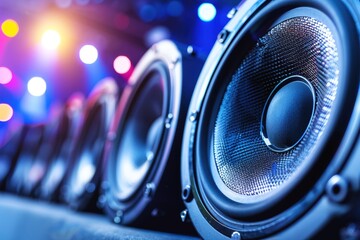 Powerful speakers lined up at an outdoor music festival, creating an energetic atmosphere during sunset hours