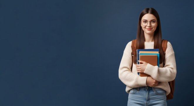 A cheerful young student with glasses and a backpack holds books, smiling against a dark blue background.