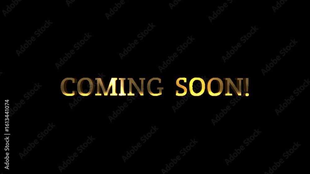 Poster animation of coming soon word text golden shine with glitch effect on black abstract background. iso