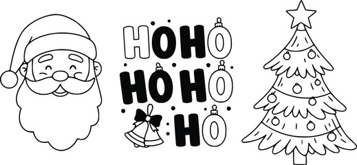Horizontal black and white line art of Santa Claus, holiday text HO HO HO, and Christmas tree with star