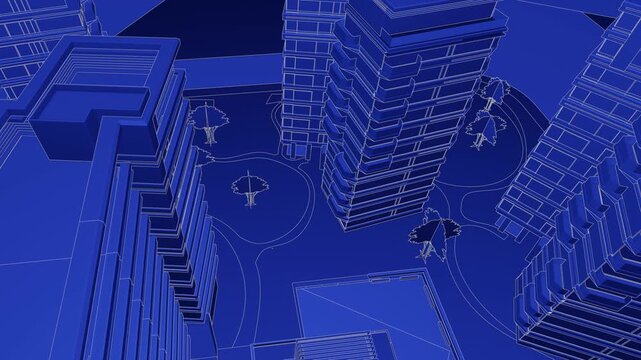 Animation of a Generic Apartment Complex, Seamless Looped Animation, linework, 3d blueprint