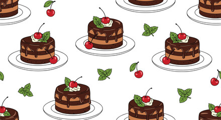 A delicious pattern of chocolate layer cakes with cherries and mint leaves artfully arranged on white plates repeating seamlessly across a white background