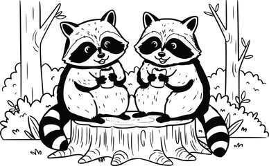 Line art of two playful raccoons with bushy tails on tree stump in woodland setting