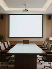Empty conference room. Modern conference room with large blank screen, wooden table, leather chairs and projector.