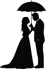 Silhouette of romantic couple under umbrella with woman leaning toward man