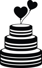 Silhouette of wedding cake with horizontal stripes and two heart shapes above

