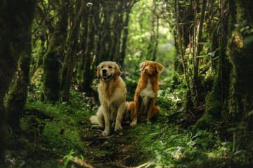 A ginger Labrador and a Toller are walking together in a green mossy forest