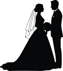 Silhouette of wedding couple with bride in gown and groom in formal attire holding hands