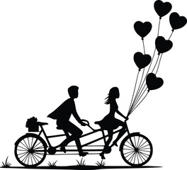 Silhouette of couple riding tandem bicycle with heart balloons, expressing love and joy
