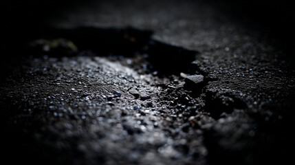 Abstract dark concrete surface with raw texture variations, highlighting weathered cracks and aggregates under moody lighting.