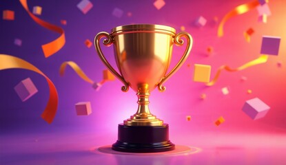 Golden Trophy with Confetti and Streamers Against a Vibrant Background