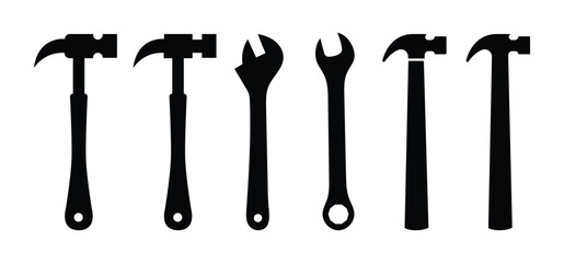 Vector set of tools. Collection of silhouetted hand tools including a hammer and wrenches
