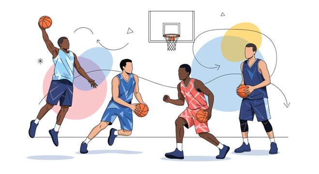 Four athletes in action during a competitive basketball game on a court with colorful circles - Powered by Adobe