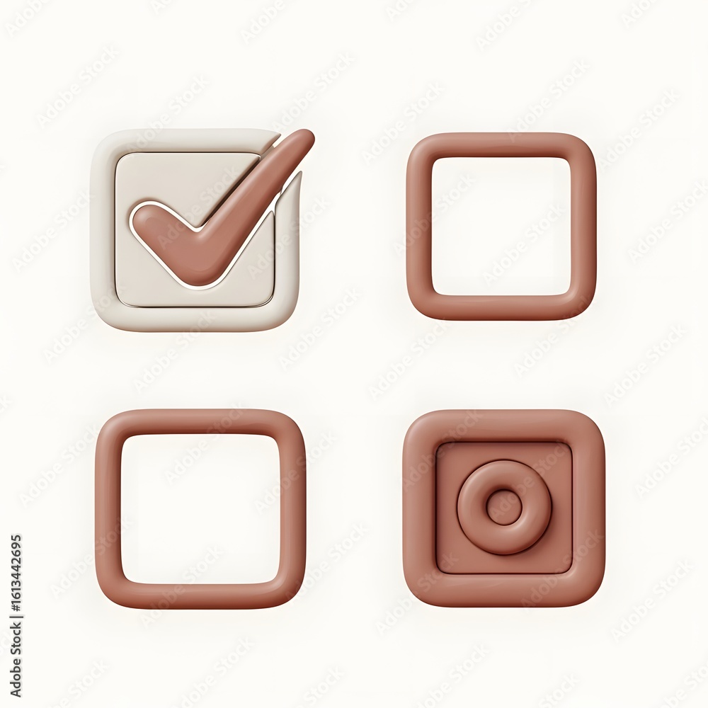 Fototapete a 3d rendering of four square checkboxes, with one marked by a brown checkmark, and another containi