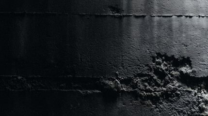 Abstract dark concrete surface with raw texture variations, highlighting weathered cracks and aggregates under moody lighting.