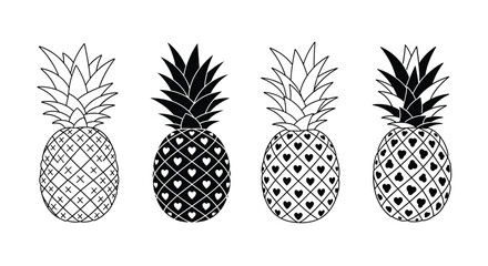 Four stylized black and white pineapple illustrations with unique geometric and heart patterns adorning their rinds perfect for summer designs