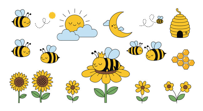 Whimsical bee collection featuring sun moon clouds sunflowers and honeycomb elements