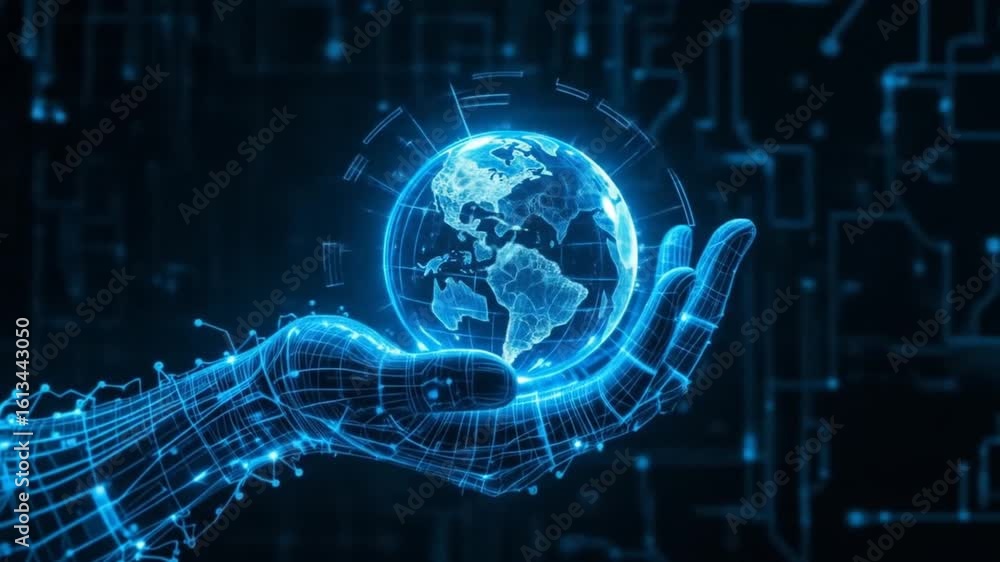 Poster digital world connection: abstract earth globe in robotic hand animation