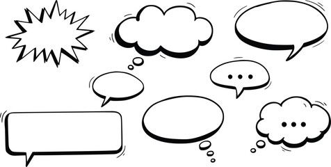 Simple line art of assorted speech bubbles, including ovals, jagged bursts, and empty forms for communication themes
