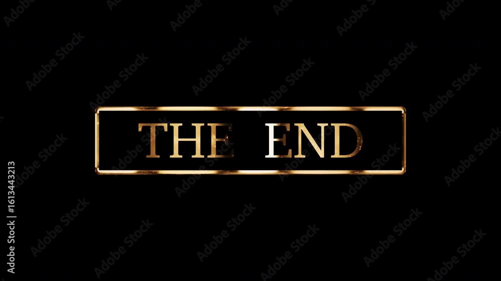 Poster the end golden cinematic title text gold frame shine effect motion abstract on black background. iso