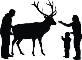 Silhouette of a man, woman, and child gently reaching toward a stag with antlers, side profile view