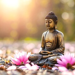 Buddha statue surrounded by pink lotus flowers in a sunlit garden