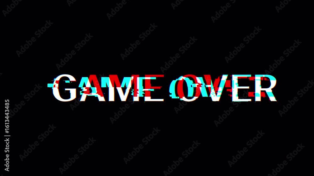 Poster game over text animation with a glitch effect. cyberpunk text with an old tv distortion effect.