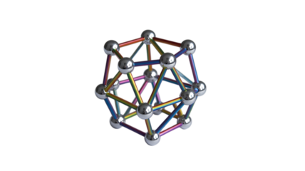 Abstract geometric molecular structure with metallic spheres and colored rods isolated on transparent background