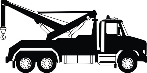 Silhouette illustration of a truck with crane arm and multiple wheels in side view