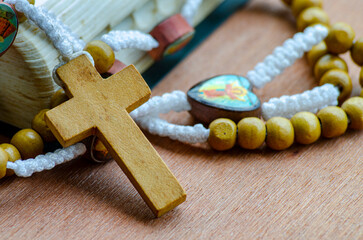 Rustic Rosary With Cross in Horizontal Frame with customizable space for text
