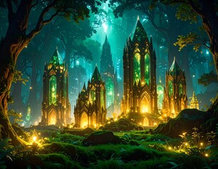 Enchanting glowing forest city
