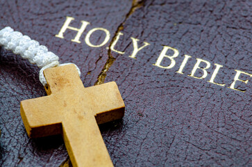 Holy Bible Cover With Wooden Rosary Cross