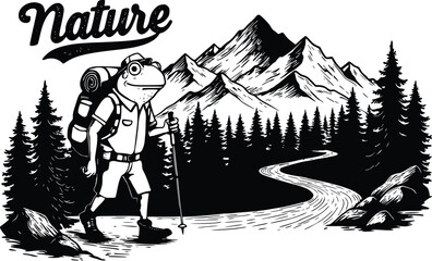 Silhouette of hiker with outstretched arms exploring mountain trail surrounded by trees and nature