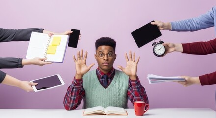A stressed young man surrounded by hands offering various items, overwhelmed by demands.