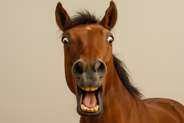 A chestnut horse with wide eyes and open mouth, displaying a surprised or comical expression.