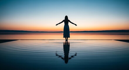 Silhouette of Woman at Sunset Over Calm Water, Embracing Serenity